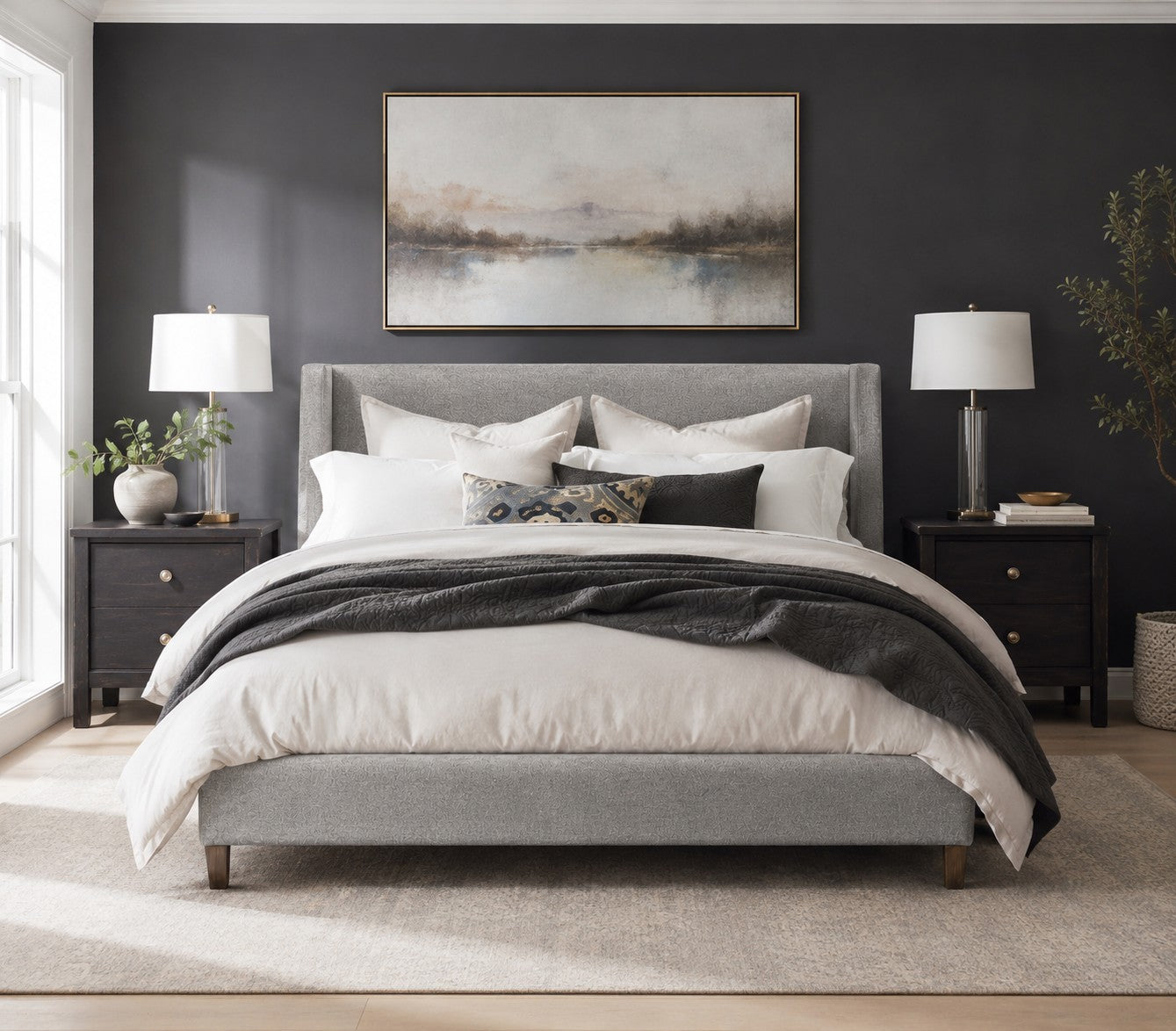 Lindon B5570-60G - Complete King Grey Upholstered Island Bed