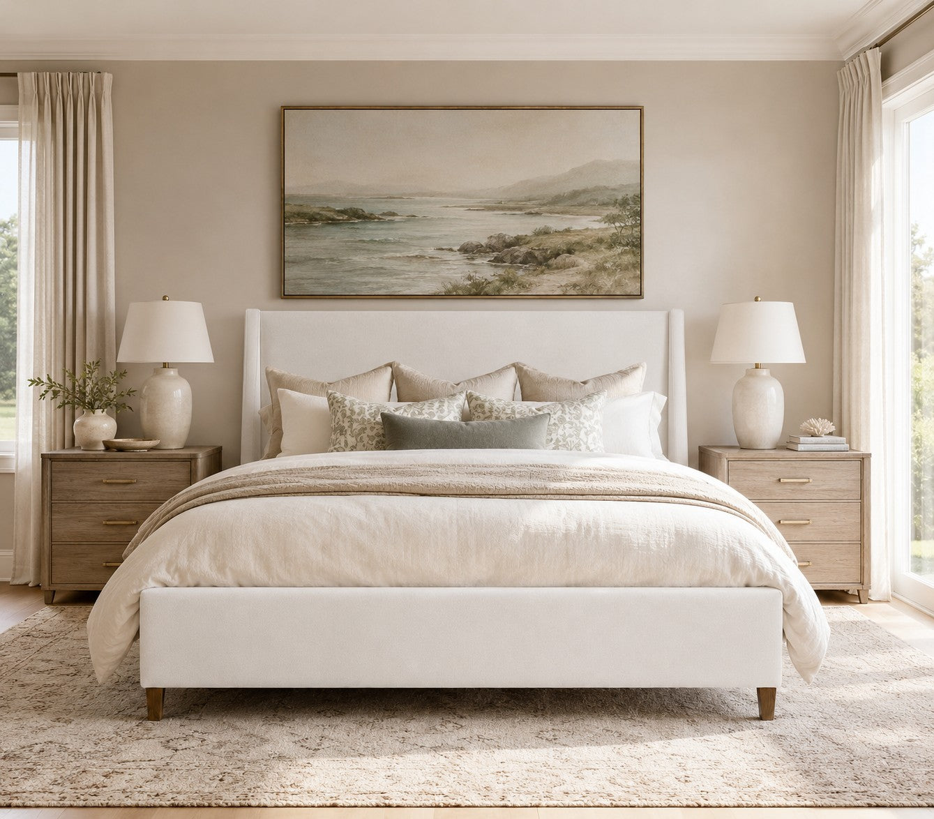Lindon B5570-50W - Complete Queen White Upholstered Island Bed