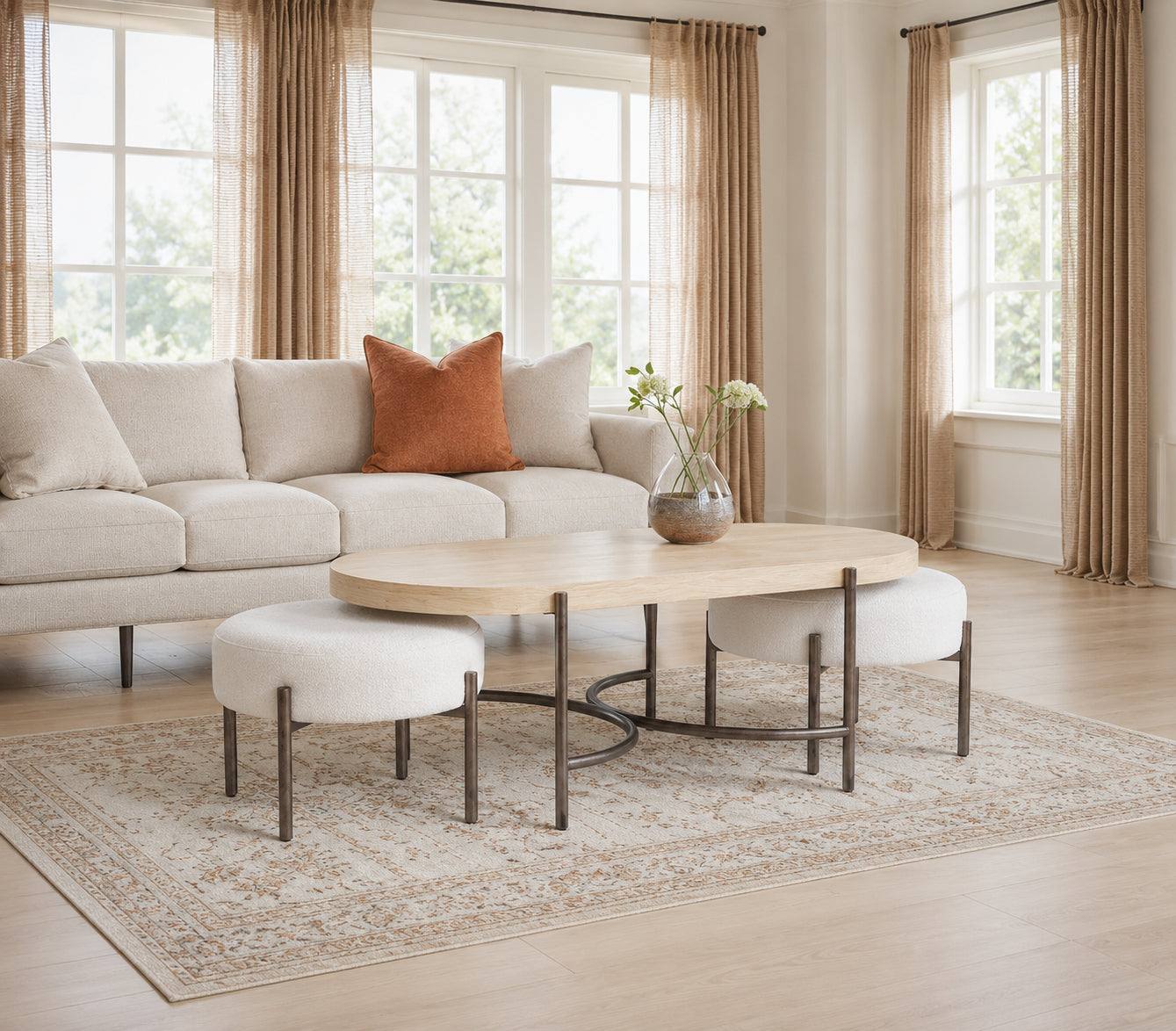 Jennings Oval Cocktail Table w/2 Ottomans (Uph. Seat)